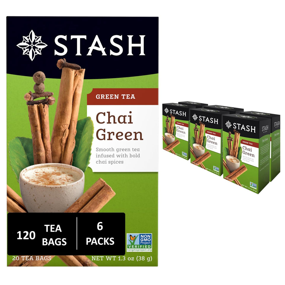 Stash Tea Chai Green Tea packaging shows the six-box multipack for easy daily brews.