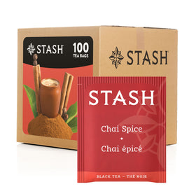 Stash Tea Chai Spice black tea bags awaiting steeping for a warm, aromatic morning brew.