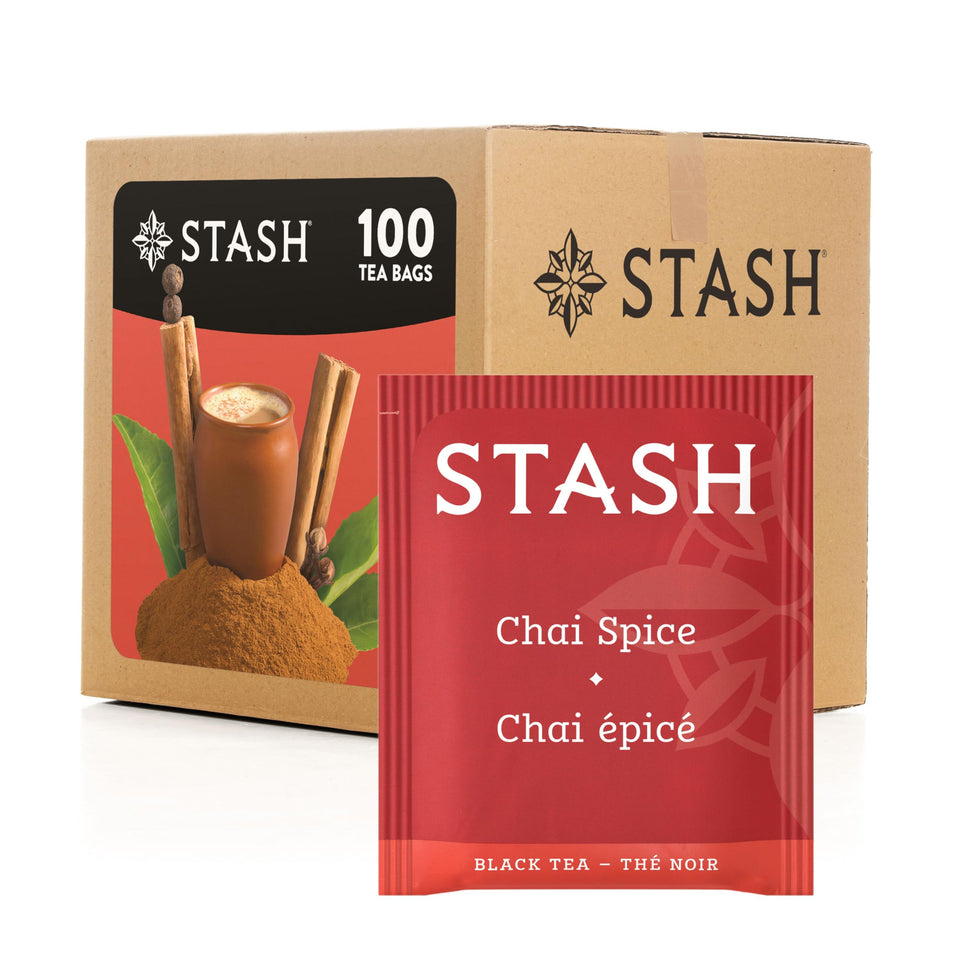 Stash Tea Chai Spice black tea bags awaiting steeping for a warm, aromatic morning brew.