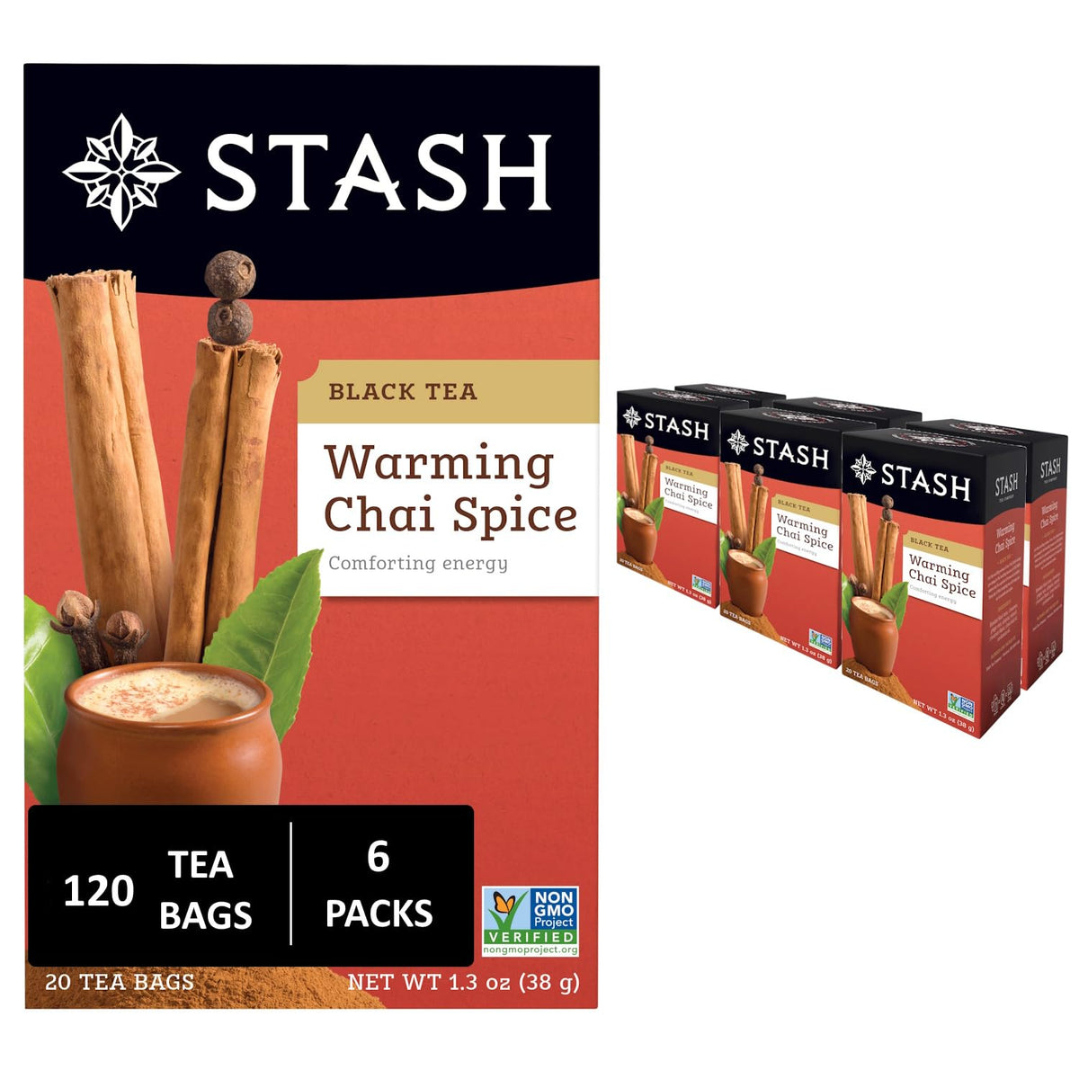 Stash Tea Chai Spice Black Tea packaging highlights freshness and value.