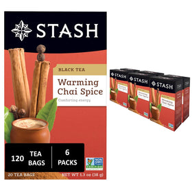 Stash Tea Chai Spice Black Tea packaging highlights freshness and value.