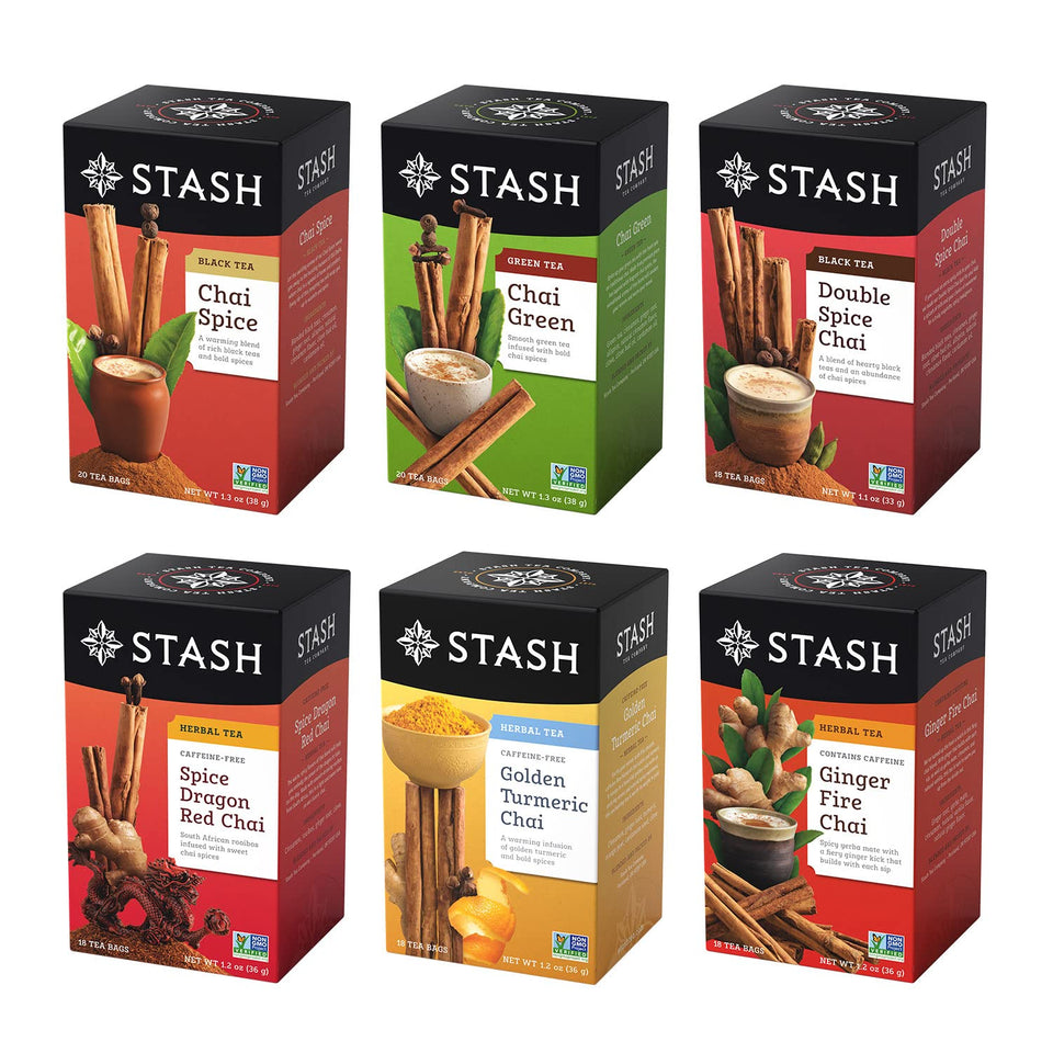 Stash Tea chai variety pack boxes ready for bold flavor at home