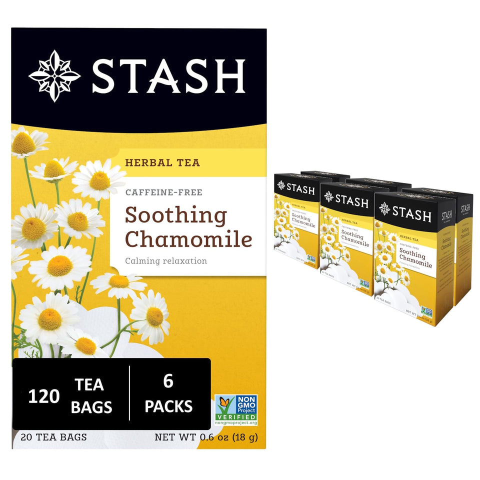 Stash Tea chamomile box collection showcases six boxes of caffeine-free herbal tea.