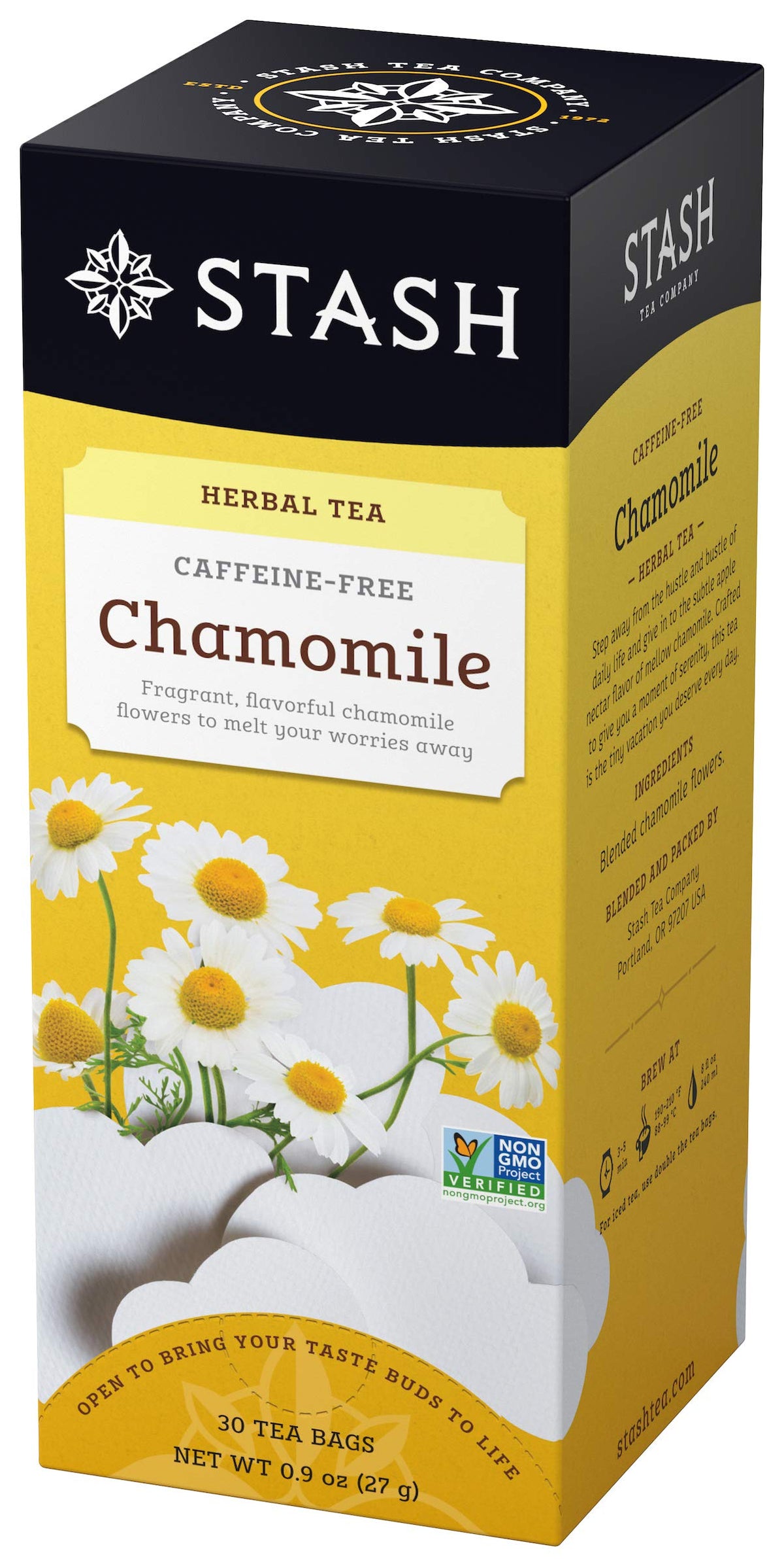 Stash Tea Chamomile cup brew highlights a soothing, caffeine-free evening ritual.
