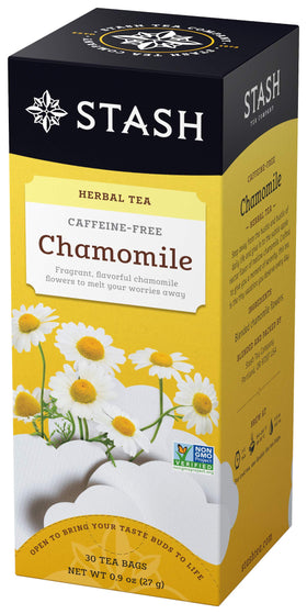 Stash Tea Chamomile cup brew highlights a soothing, caffeine-free evening ritual.