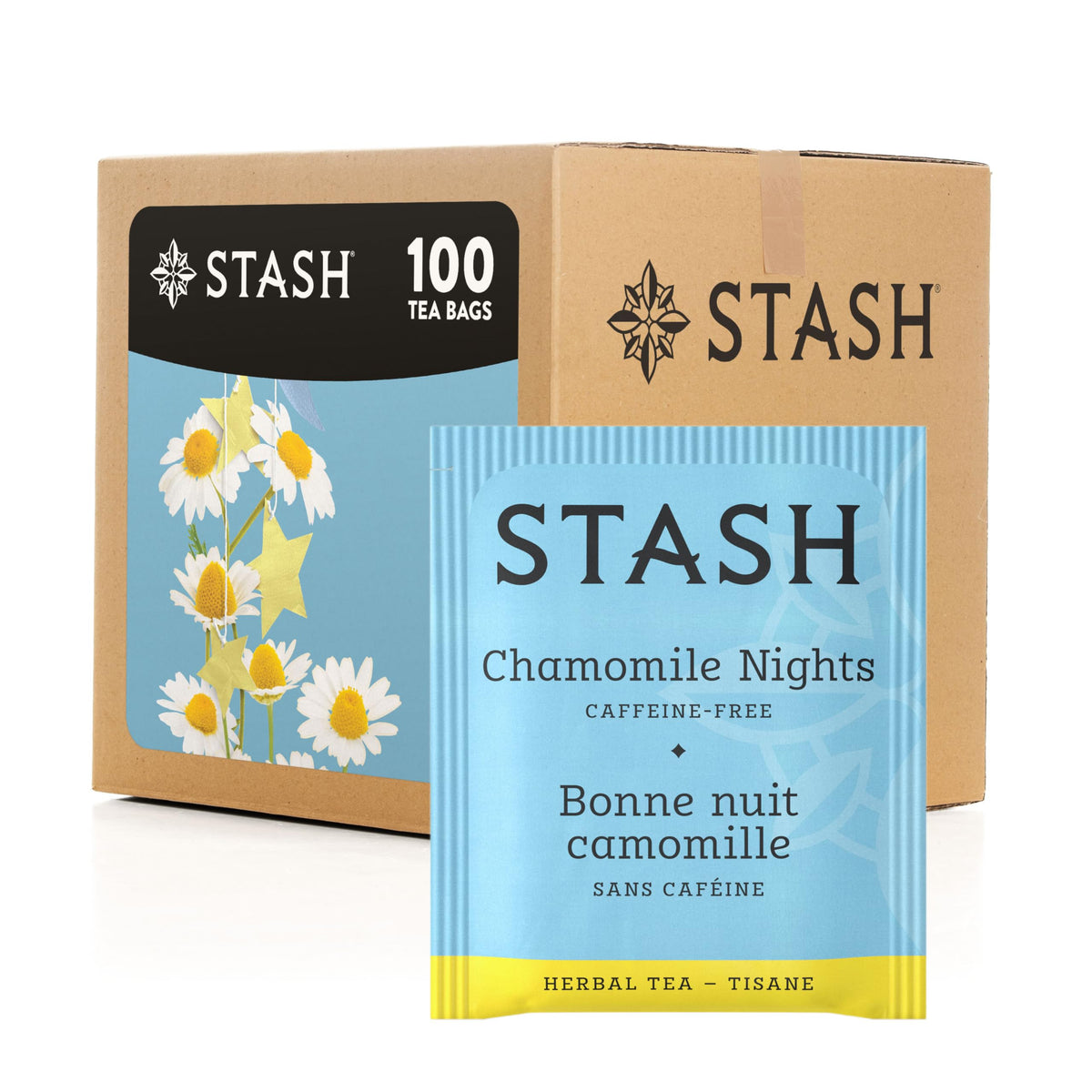 Stash Tea Chamomile Nights tea bags in foil packaging preserve freshness for a soothing evening cup.