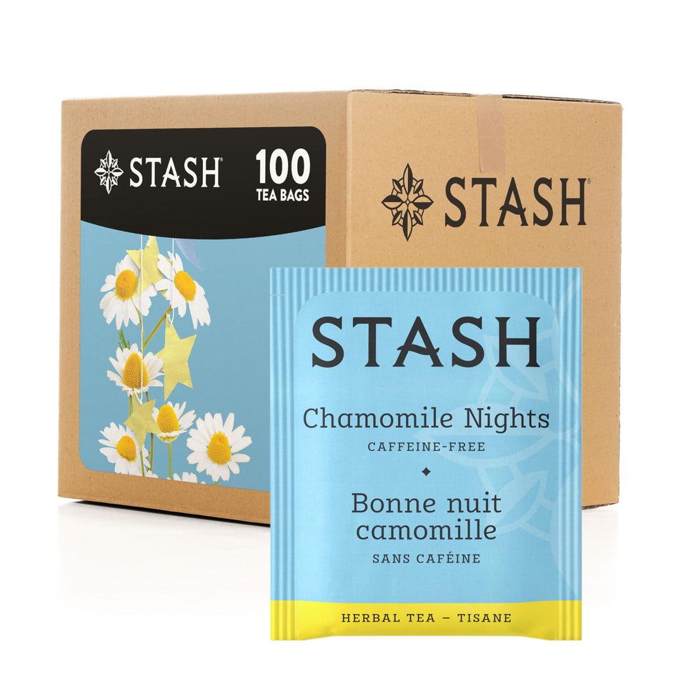 Stash Tea Chamomile Nights tea bags in foil packaging preserve freshness for a soothing evening cup.