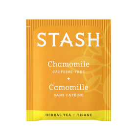 Stash Tea Chamomile tea bag closeup shows fragrant, apple-like aroma.