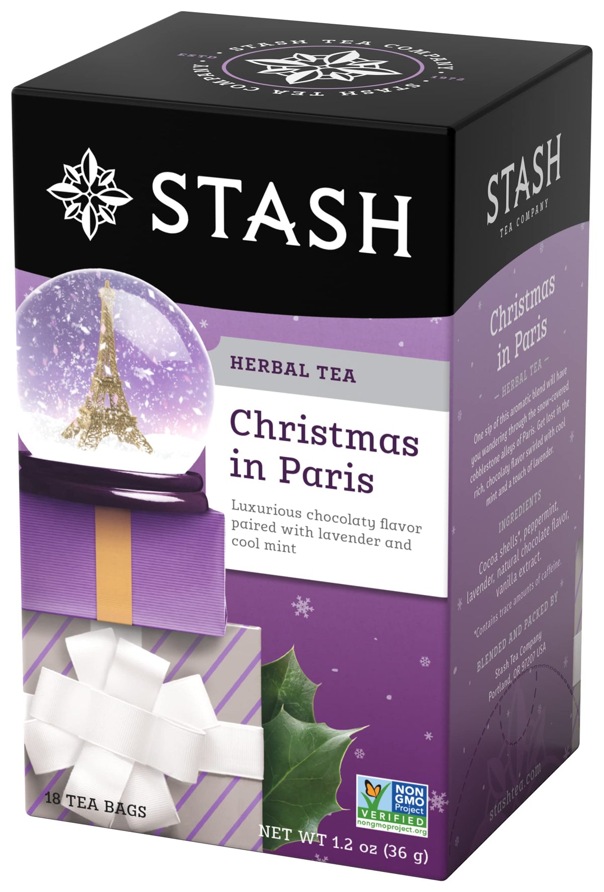 Steaming cup of Stash Tea Christmas in Paris reveals lavender and chocolate aromas.
