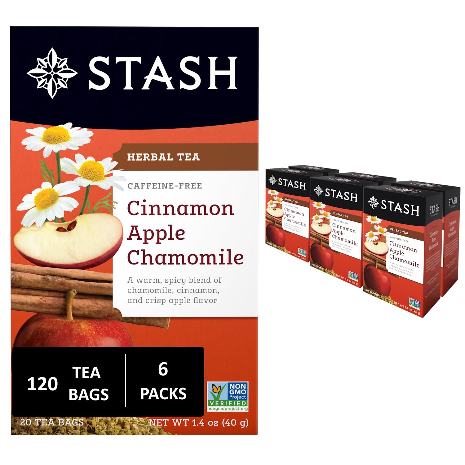 Stash Tea cinnamon apple chamomile tea bags deliver warm aroma and caffeine-free comfort.