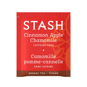 Stash Tea cinnamon apple chamomile tea box shows six boxes of 20 bags each.