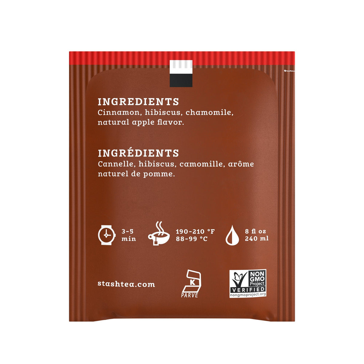 Stash Tea ingredients include cinnamon, hibiscus, chamomile, and natural apple flavor for aroma.