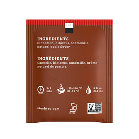 Stash Tea ingredients include cinnamon, hibiscus, chamomile, and natural apple flavor for aroma.