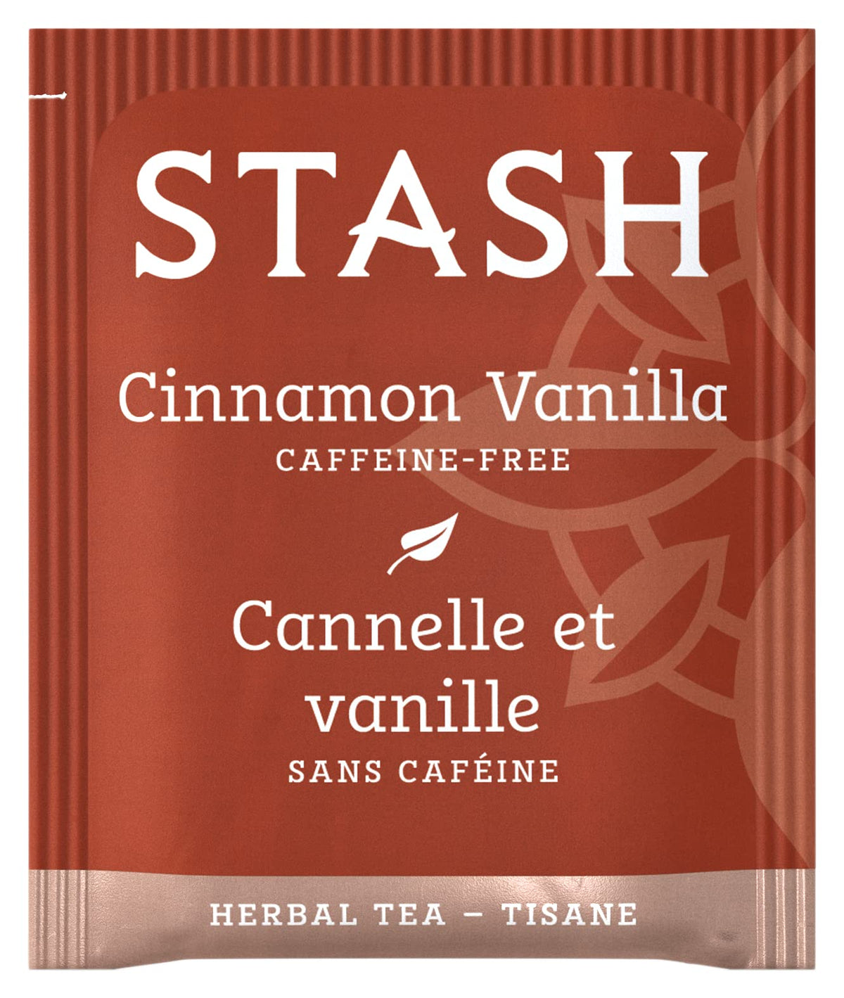Stash Tea Cinnamon Vanilla packaging highlights premium, non-GMO ingredients.