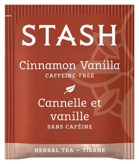 Stash Tea Cinnamon Vanilla packaging highlights premium, non-GMO ingredients.