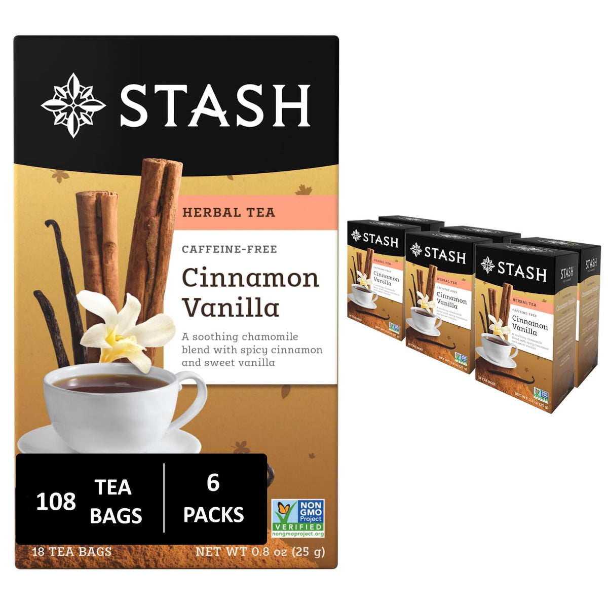 Stash Tea Cinnamon Vanilla tea bag ready to brew for caffeine-free comfort.