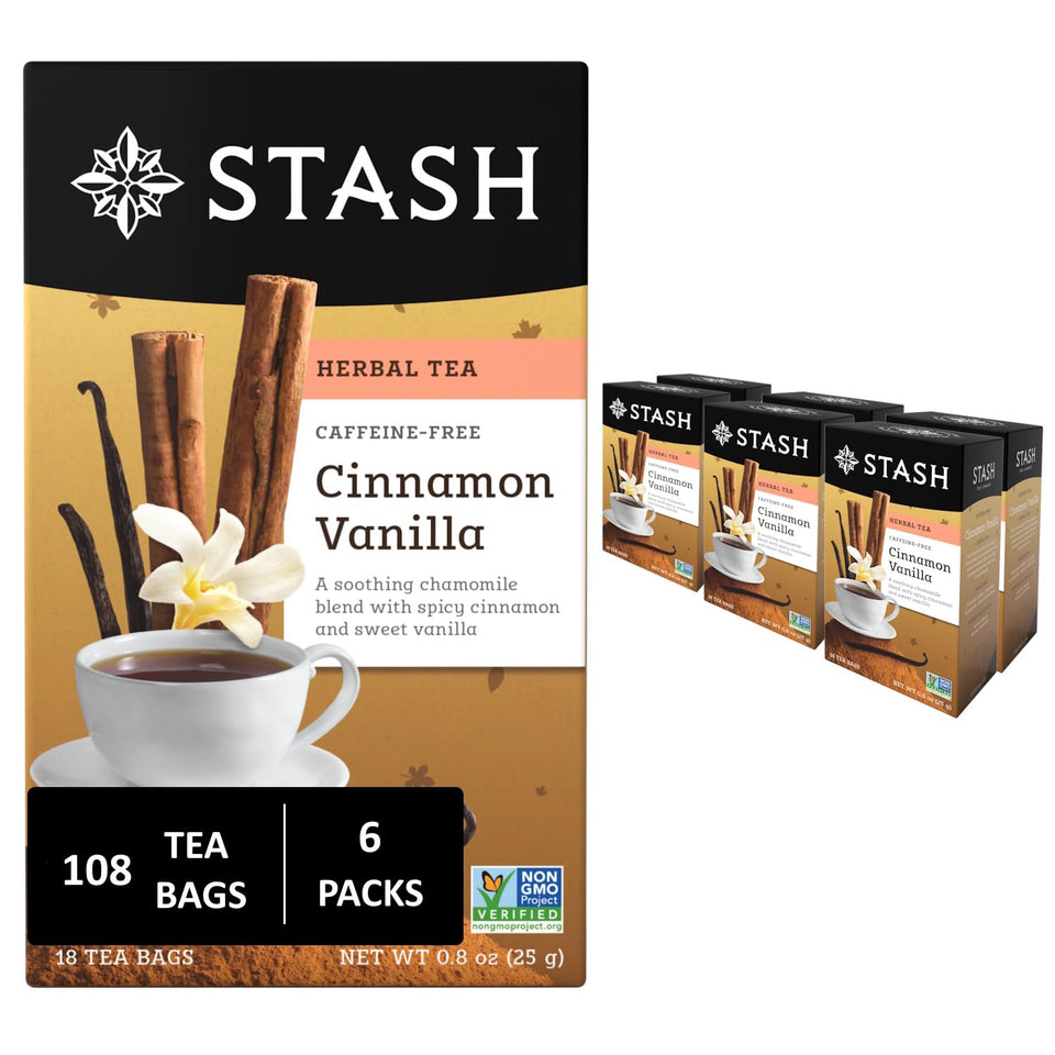 Stash Tea Cinnamon Vanilla tea bag ready to brew for caffeine-free comfort.