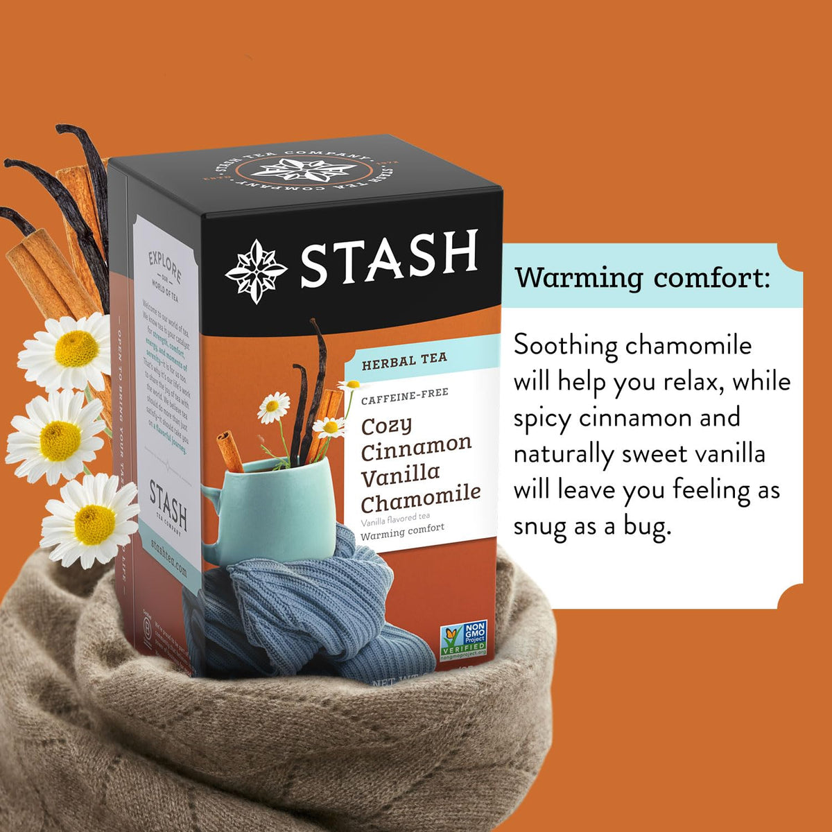 Stash Tea Cozy Cinnamon Vanilla Tea packaging showcases six packs for 108 bags