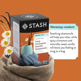 Stash Tea Cozy Cinnamon Vanilla Tea packaging showcases six packs for 108 bags