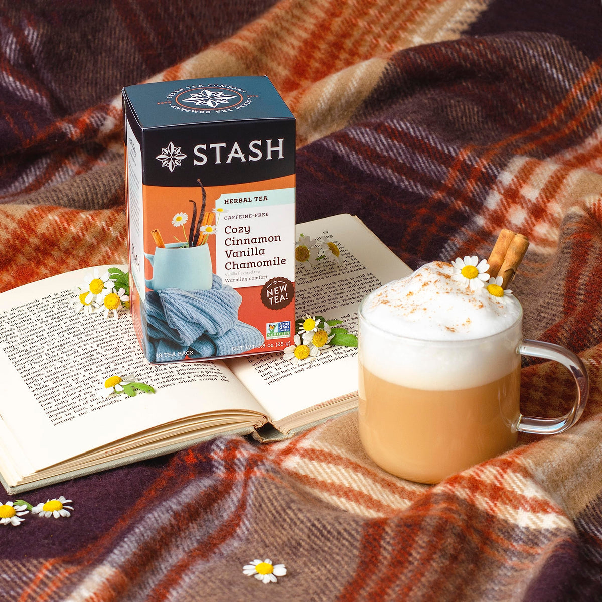 Stash Tea Cozy Cinnamon Vanilla Tea on a shelf adds cozy kitchen vibes