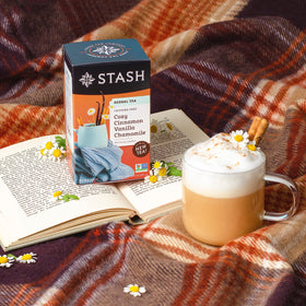 Stash Tea Cozy Cinnamon Vanilla Tea on a shelf adds cozy kitchen vibes