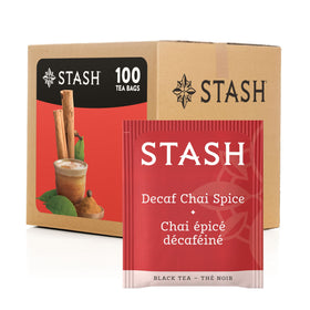 Stash Tea Decaf Chai Spice box of 100 bags delivers bold flavor without caffeine.