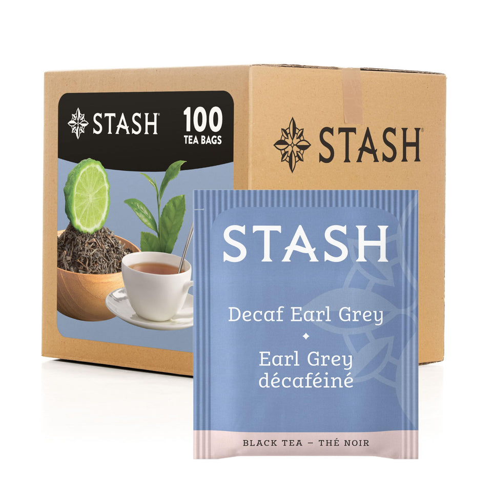 Stash Tea Decaf Earl Grey box with 100 tea bags for convenient daily brewing.