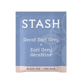 Close-up of Stash Decaf Earl Grey tea bags showing individual wrappers.