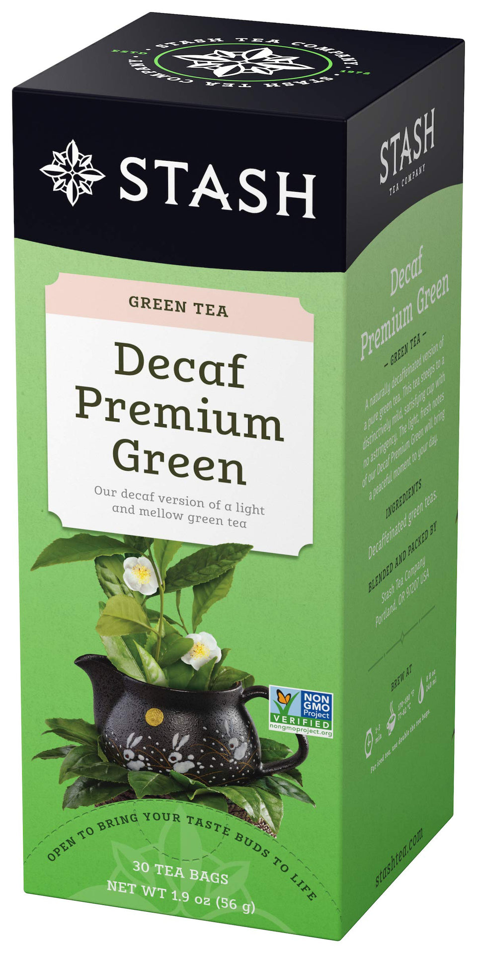 Stash Tea Decaf Premium Green Tea 30-count bags in foil pack for easy brewing.