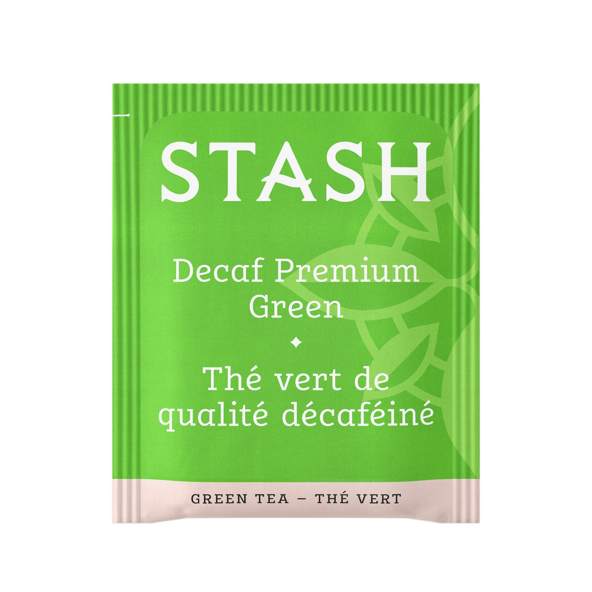 Stash Tea decaf green tea foil-pack front view for quick pantry access.