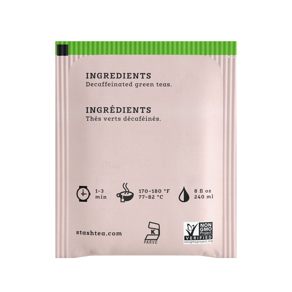 Stash Tea Decaf Premium Green Tea tea-bags closeup highlighting convenient daily brewing.