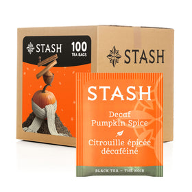 Stash Tea decaf pumpkin spice bags ready for a cozy autumn cup.