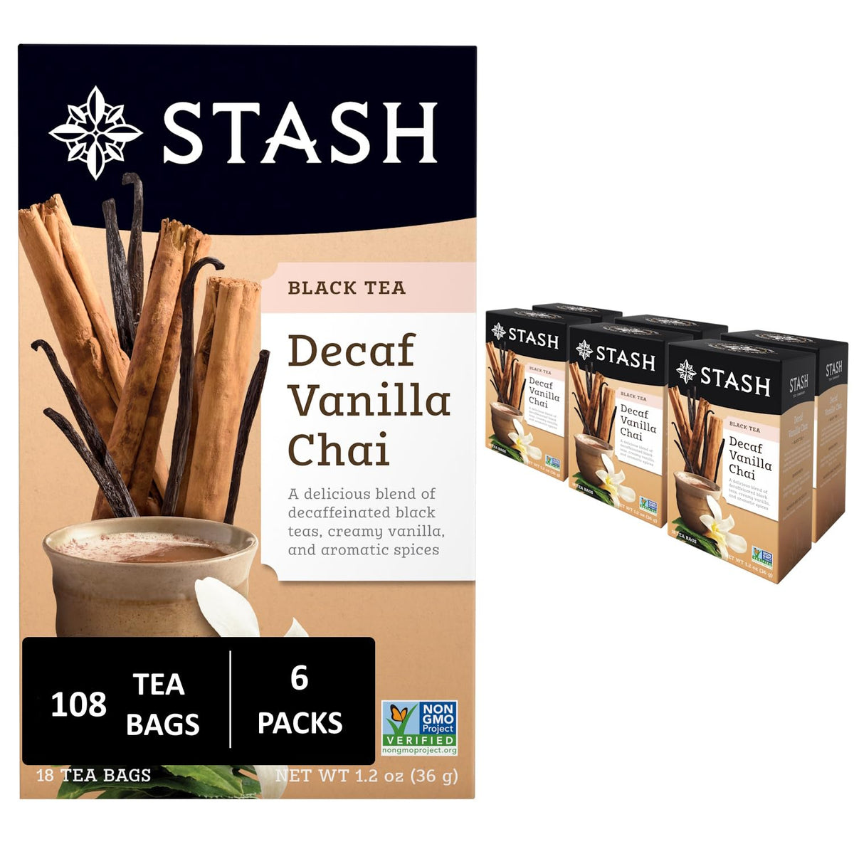 Stash Decaf Vanilla Chai tea bags show mellow vanilla notes for a comforting cup