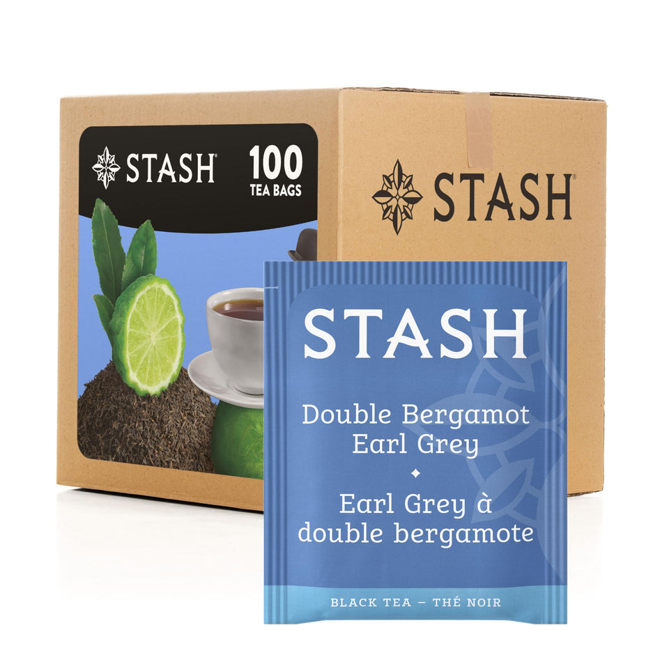Stash Tea Double Bergamot Earl Grey tea bags with bold citrus aroma.