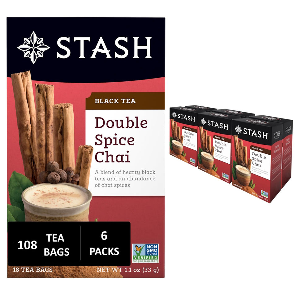 Stash Tea Double Spice Chai Black Tea box showcases bold spice blend for a rich morning cup.
