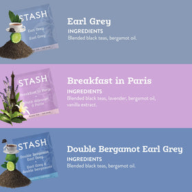Stash Tea Earl Grey sampler flavor cards highlighting blends