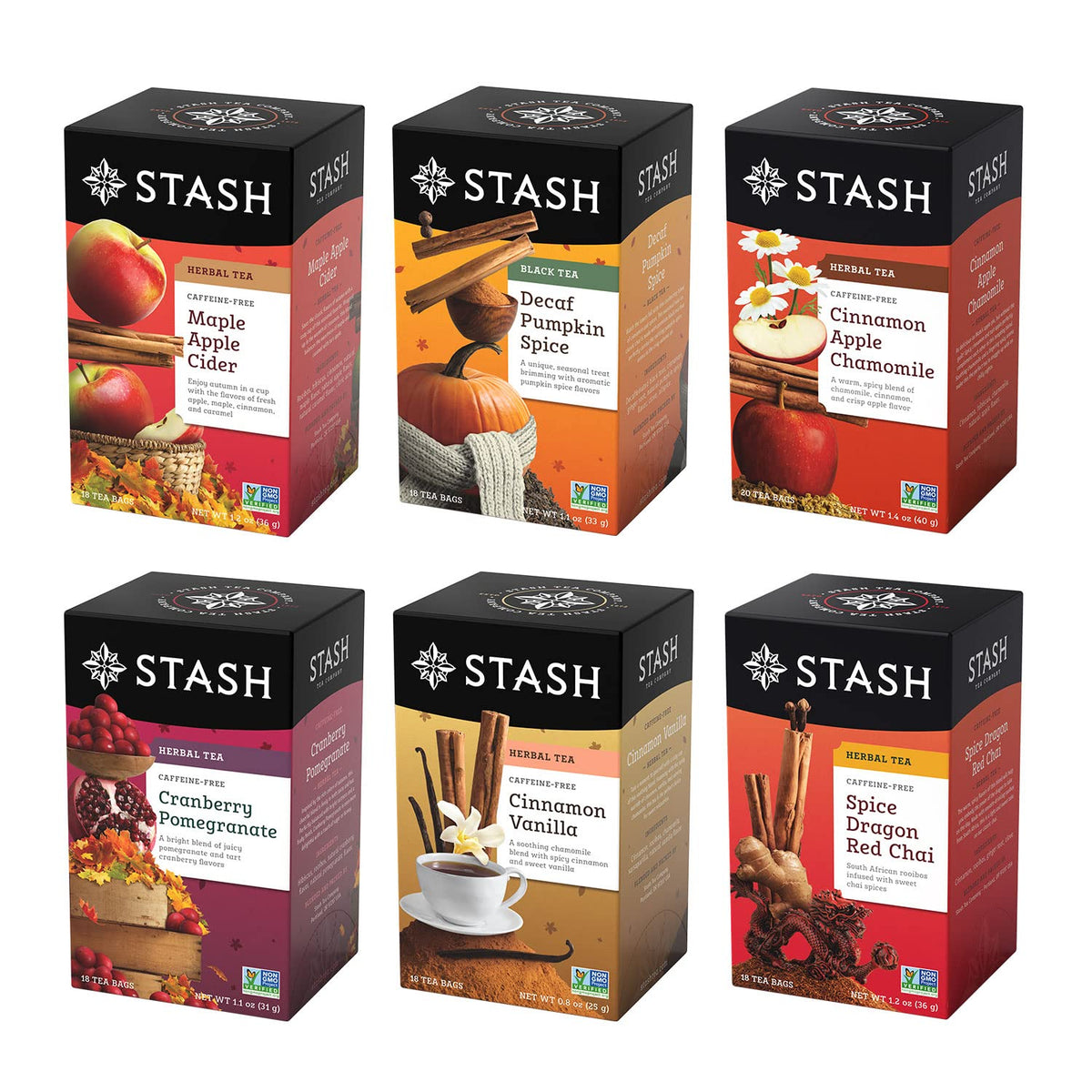 Stash Tea Fall for Autumn sampler front featuring Pumpkin Spice flavor for cozy mornings