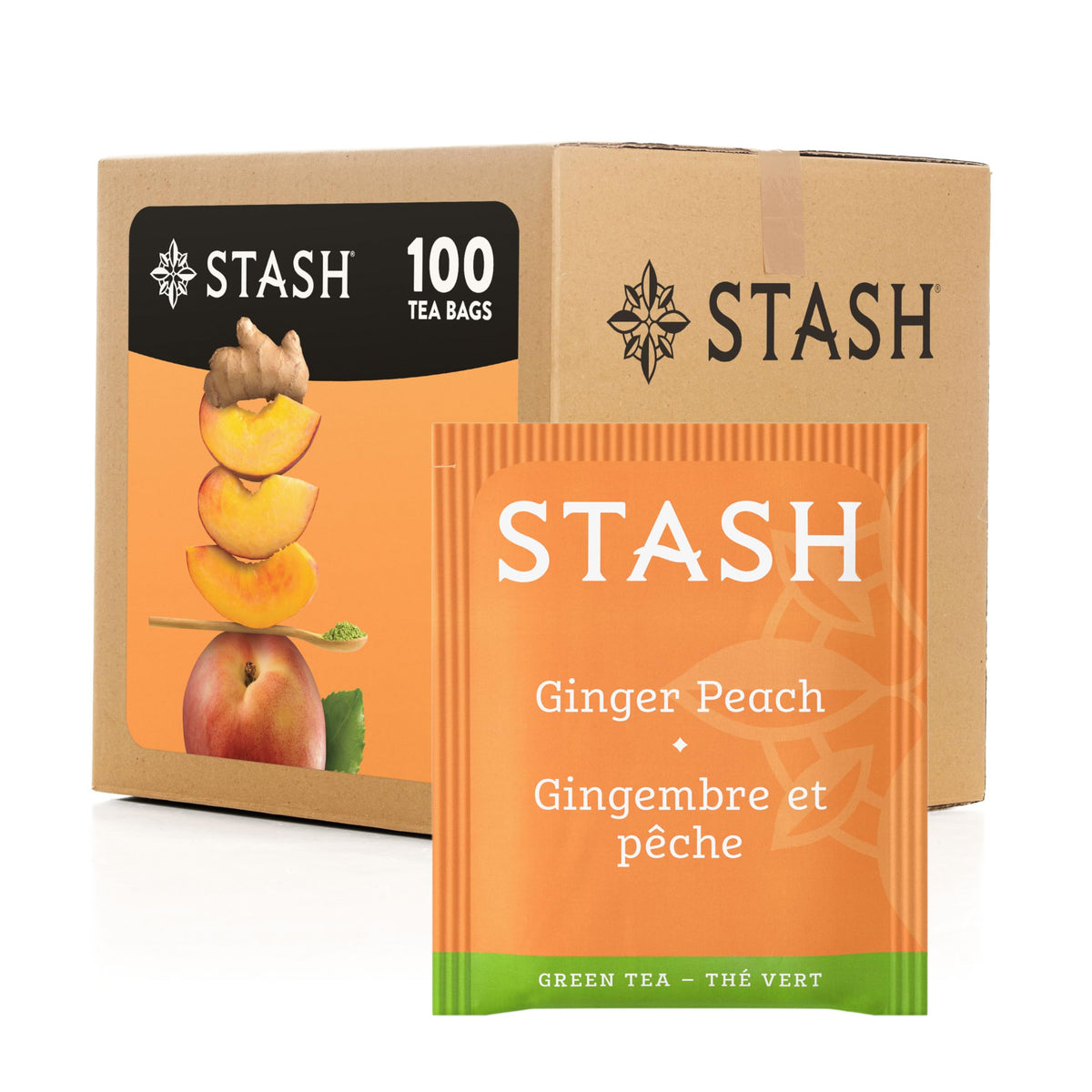 Stash Tea ginger peach green tea bags deliver bold flavor and caffeine boost.