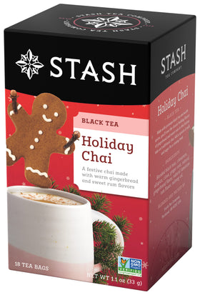 Close-up of Stash Holiday Chai spice blend with gingerbread notes for seasonal warmth.