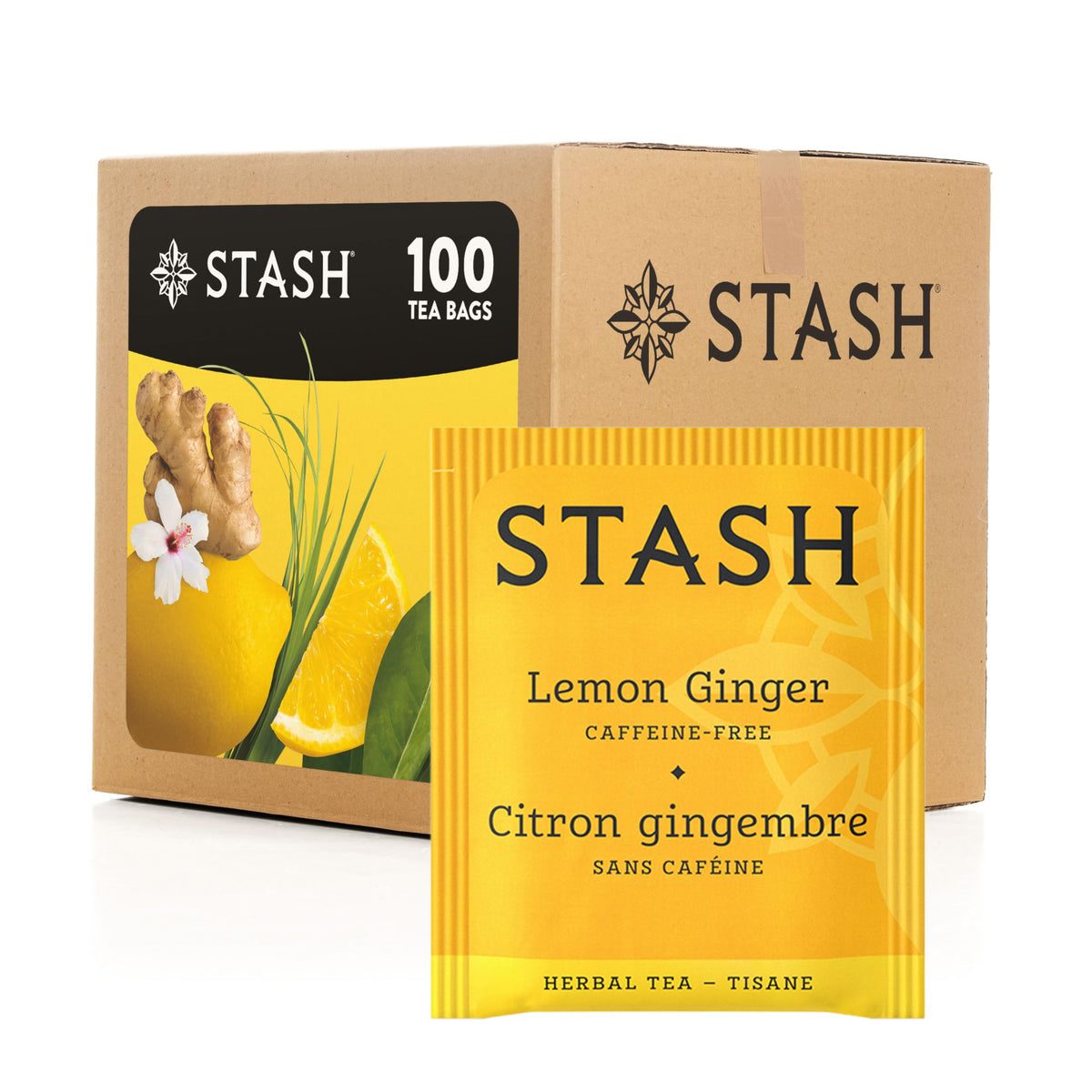 Stash Lemon Ginger tea bags in a box, delivering a bright, mood-boosting aroma.