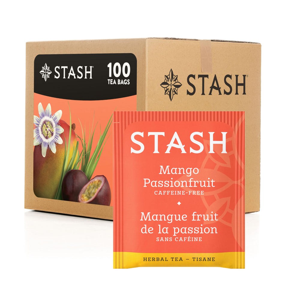 Stash Mango Passionfruit Herbal Tea bags ready for hot or iced brews.