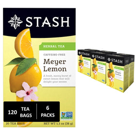 Stash Tea Meyer Lemon Herbal Tea boxes stacked for a bright flavor collection.