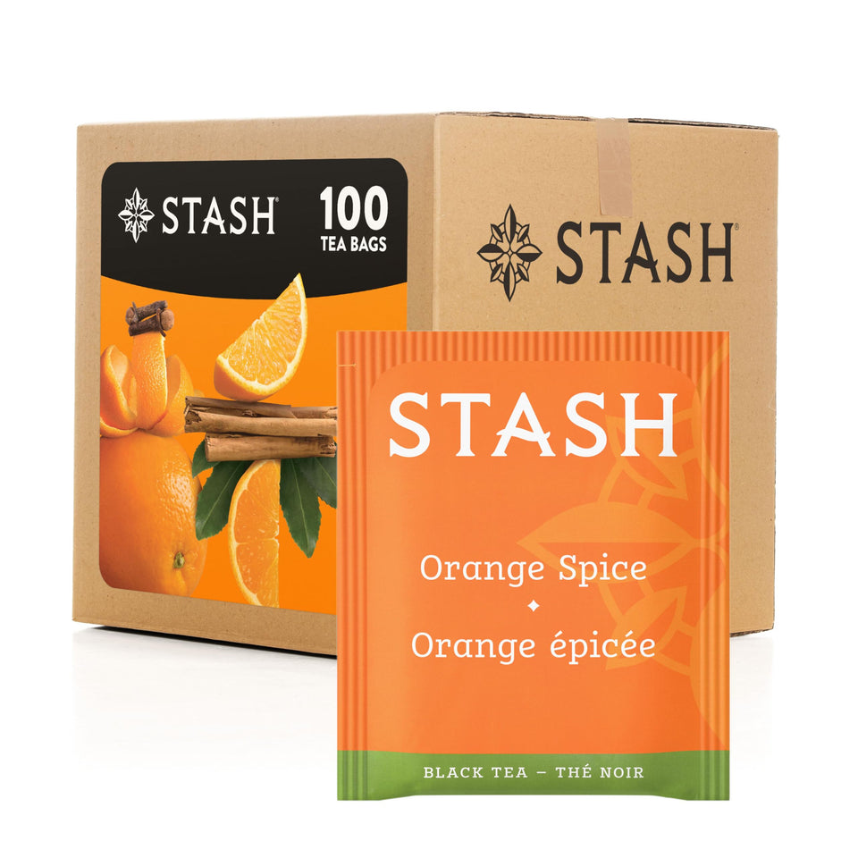 Stash Tea Orange Spice Black Tea box with 100 bags for convenient brewing