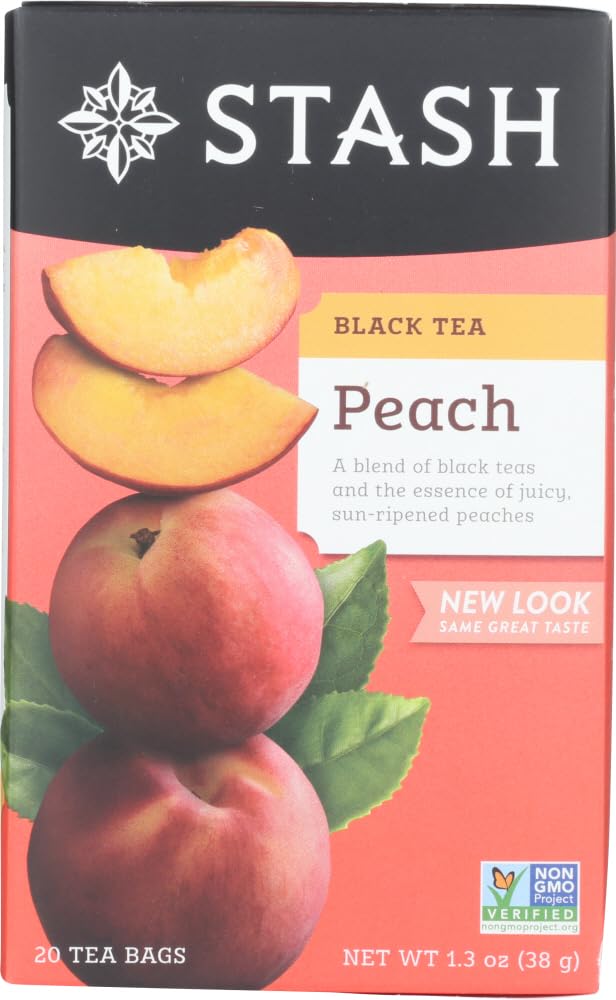 Stash Tea Peach Tea 20ct 2pk packaging highlights fragrant peach notes for daily enjoyment.