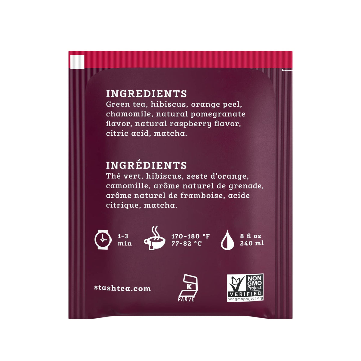 Hot cup of Stash Tea Pomegranate Raspberry Green Tea with bright aroma