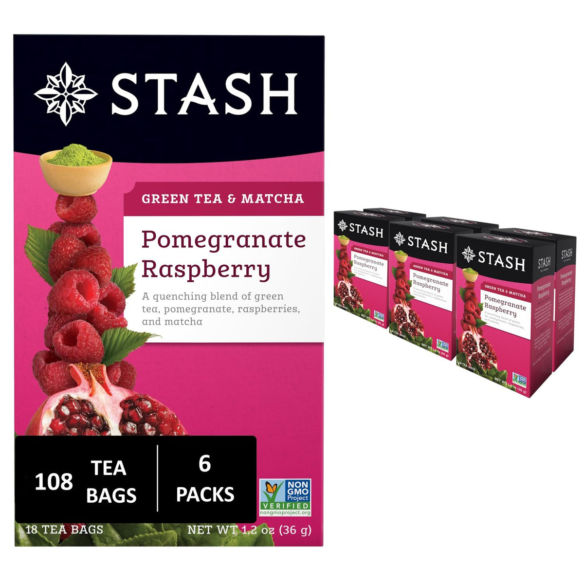 Stash Pomegranate Raspberry & Matcha tea box with cup for a refreshing brew.