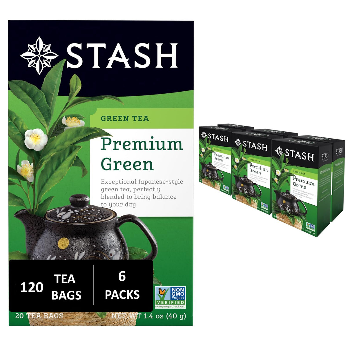 Stash Tea Premium Green Tea bags in a foil box ready for brewing.