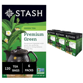 Stash Tea Premium Green Tea bags in a foil box ready for brewing.
