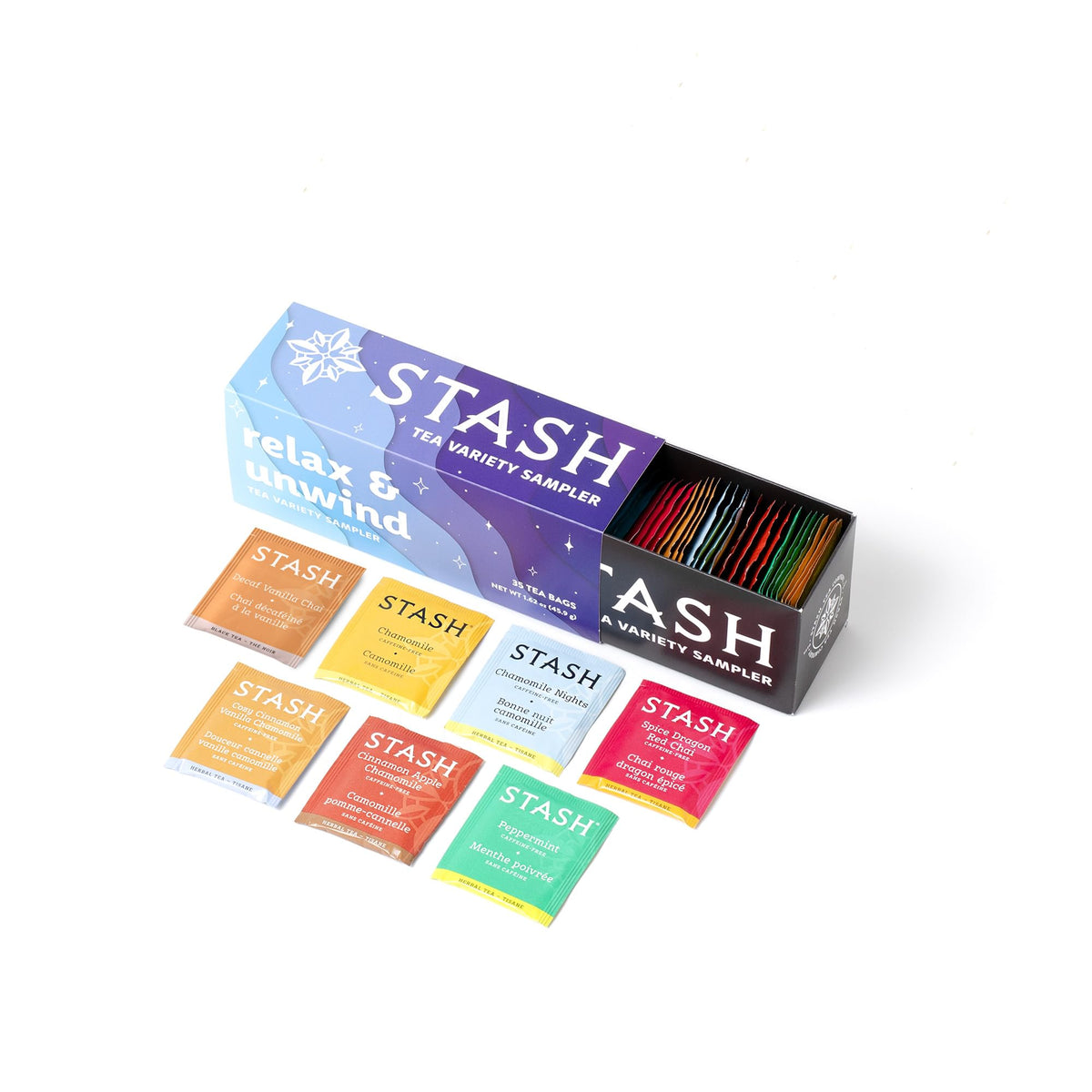 Stash Relax and Unwind sampler pack in cozy setup; promotes calm evenings.