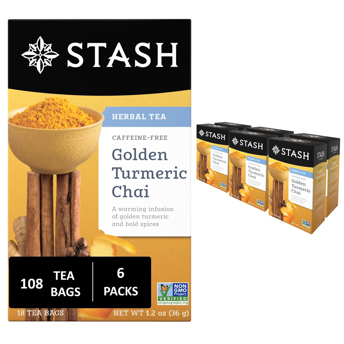 Stash Tea Turmeric Chai cup steaming for soothing caffeine-free comfort